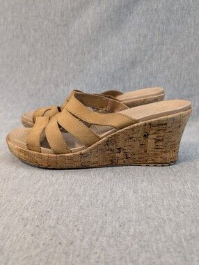 Crocs A-Leigh Leather Cork Wedge Sandals Women's 8 Tan
